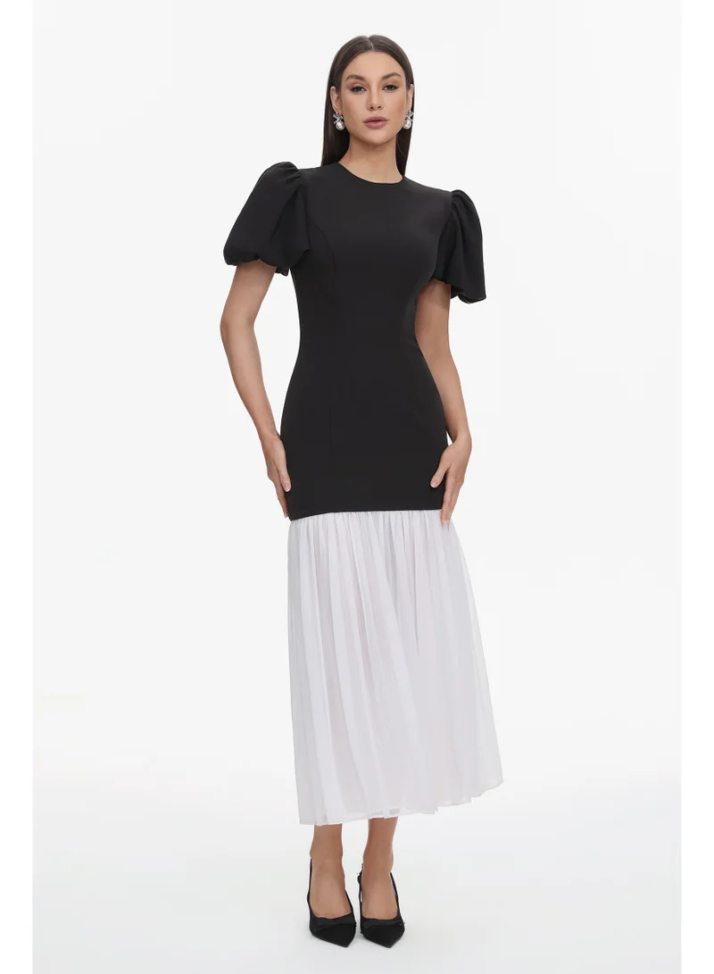 Spiral Classic Tailored Puff Sleeve Pleated Contrast Maxi Dress